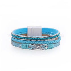 Bracelet en cuir en forme de 8 tissé en strass à trois couches de style vacances bohème - ethnique, exagéré, bleu profond du ciel, 7-5/8x1/2 pouce (19.5x1.3 cm)