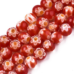 Chapelets de perles rondes de millefiori en verre, rouge-orange, 6mm, Trou: 1mm, Environ 67 pcs/chapelet, 14.7 pouce