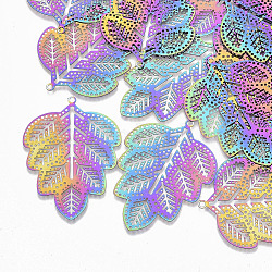 Ion Plating(IP) 201 Stainless Steel Filigree Pendants, Etched Metal Embellishments, Leaf, Rainbow Color, 45.5x34x0.3mm, Hole: 1.8mm