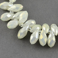 Electroplate Glass Beads Strands, Top Drilled Beads, Imitation Jade, Faceted, Teardrop , White, 12x6mm, Hole: 1mm, about 100pcs/strand, 15.7 inch