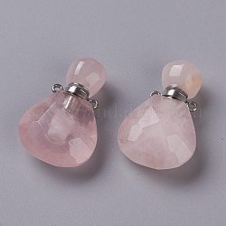 Pendentifs de bouteille de parfum en quartz rose naturel en forme de larme, avec accessoires en 304 acier inoxydable, facette, couleur inoxydable, 26~26.5x17x8~8.5mm, Trou: 1.4mm, capacité: environ 2 ml (0.06 oz liq.)