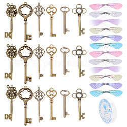 SUNNYCLUE Skeleton Key Charm DIY Jewelry Making Kit for Crafts Gifts, Including Alloy Pendants, Polyester Fabric Wings, Elastic Crystal Thread, Antique Bronze, 60pcs/set