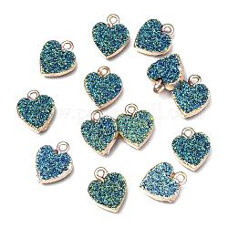 Galvanoplastie ab couleur druzy pendentifs en résine, avec les accessoires en fer, cœur, or clair, bleu acier, 15x12x3.5~4mm, Trou: 1mm