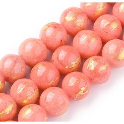 Fili di perline giada naturale, con lamina d'oro, tinto, tondo, arancio rosso, 10mm, Foro: 1.4 mm, circa 39pcs/filo, 15.55 pollici (39.5 cm)
