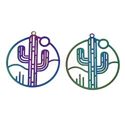 Placage ionique (ip) 201 pendentifs en filigrane en acier inoxydable, embellissements en métal gravé, bague avec cactus, couleur arc en ciel, 33x30x0.3mm, Trou: 1.6mm