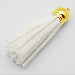 Golden Brass Suede Tassels for Cell Phone Straps Making, White, 55~65x12mm, Hole: 1.5mm