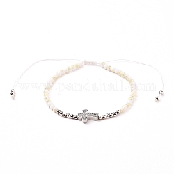 Bracelet de perles tressées en cordon de nylon ajustable, avec des perles de rocaille en verre et des micro-pavés en laiton avec des perles de croix en zircone cubique transparente, fumée blanche, diamètre intérieur : 2-1/4~ 4-1/8 pouce (5.6~10.5 cm)