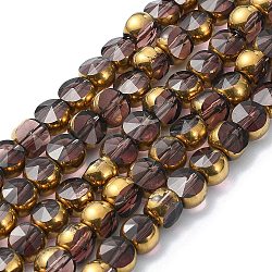 Brins de perles de verre transparentes à moitié plaquées par galvanoplastie, antique bronze plaqué, plat rond, facette, brun rosé, 6x5mm, Trou: 1.2mm, Environ 50 pcs/chapelet, 11.22'' (28.5 cm)