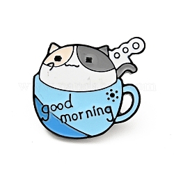 Kaffeetasse Katze Emaille Pin, Wort guten Morgen Legierungsabzeichen für Rucksackkleidung, Elektrophorese schwarz, Licht Himmel blau, 23x25x2 mm