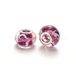 Handmade Lampwork European Beads, Large Hole Rondelle Beads, with Glitter Powder and Platinum Tone Brass Double Cores, with White Line Pattern, Camellia, 14x9~10mm, Hole: 5mm