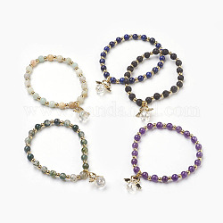 Perles naturelles mixtes de pierre étendent bracelets de breloque, avec les accessoires en laiton et alliage, ange, 2-1/8 pouce (5.4 cm), breloque: 21x19x10mm