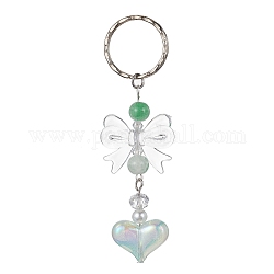 Acrylic Heart with Bowknot Keychains, with Glass Beads and Iron Keychain Clasp, Clear, 9.4cm