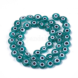 Handmade Evil Eye Lampwork Beads Strands, Flat Round, Cadet Blue, 7.5x3mm, Hole: 1mm, about 48pcs/strand, 13.7 inch~14.9 inch