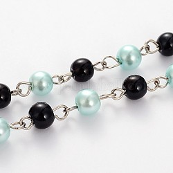 Perles de verre perles rondes chaînes pour création de colliers bracelets, avec épingle à oeil en fer platine, non soudée, turquoise pale, 39.3 pouce, perle: 6 mm