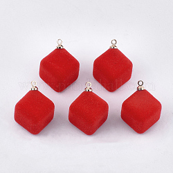 Pendentifs en acrylique flocky, avec les accessoires en laiton, cube, or, rouge, 24x17.5x17mm, Trou: 1.6mm