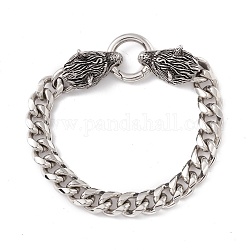 201 Stainless Steel Curb Chains Bracelet with Wolf Clasp for Women, Stainless Steel Color, 8-7/8 inch(22.5cm)