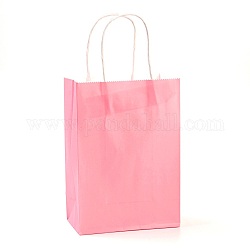 Sacs en papier kraft de couleur pure, sacs-cadeaux, sacs à provisions, avec poignées en ficelle de papier, rectangle, rose, 21x15x8 cm