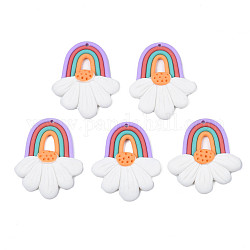 Handmade Fimo Anhänger, Regenbogen & Aprilgänseblümchen, weiß, 41~42x34~37x4~6 mm, Bohrung: 1.8 mm