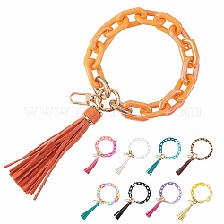 Porte-clés bracelet à maillons de chaîne, porte-clés pompon bracelet acrylique, avec les accessoires en alliage, orange, 28 cm
