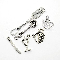 Antique Silver Tableware Tibetan Style Alloy Pendant Sets, Dinner Knife, Spoon, Drink Cup, Fork, Flagon, Basket and Wine, Lead Free, 25~48x8~17x2~4mm, Hole: 2~3mm, 6pcs/set