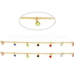3.28 Feet Brass Rolo Chains, with Glass Cubic Zirconia Charms, Soldered, Long-Lasting Plated, Flat Round, Colorful, Real 18K Gold Plated, 2x2x0.8mm