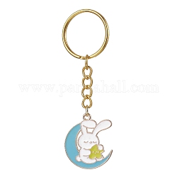 Porte-clés pendentif lune avec lapin en alliage émaillé, avec porte-clés fendus, lapin, 8 cm