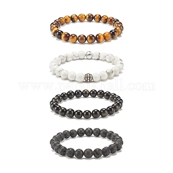 4 Uds. Juego de pulseras elásticas con cuentas redondas de piedras preciosas naturales de 4 estilos para mujer, diámetro interior: 2-1/4 pulgada (5.6 cm), 1pc / estilo