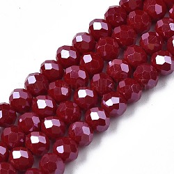 Abalorios de vidrio electroplate hebras, lustre de la perla chapado, facetados, rerondana plana, de color rojo oscuro, 8x6mm, agujero: 1~1.4 mm, aproximamente 67~72 pcs / cadena, 16.14~16.53 pulgada (41~42 cm)