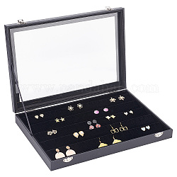 Boîte de présentation de bijoux en bois rectangle 5 rangées, Boîte de rangement pour bijoux à fenêtre en verre avec peluche à l'intérieur, boucles d'oreilles, broches, noir, 35.3x24.3x4.4 cm