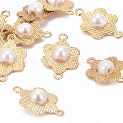 Conectores de enlaces de flores de latón en tono dorado, con cuentas de perlas de imitación de plástico abs, blanco, 14x9x4mm, agujero: 1~2 mm