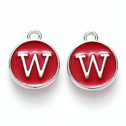 Platinum Plated Alloy Enamel Charms, Cadmium Free & Lead Free, Enamelled Sequins, Flat Round with Letter, Red, Letter.W, 14x12x2mm, Hole: 1.5mm