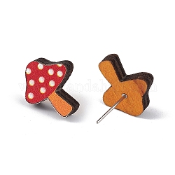 Boucles d'oreilles de pâques en bois naturel, 316 bijoux en acier inoxydable pour femme, motif aux champignons, 15.3x13.7mm, pin: 0.6 mm