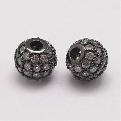 Brass Micro Pave Cubic Zirconia Beads, Round, Gunmetal, 6x5.5mm, Hole: 2mm