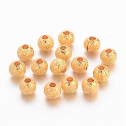 Brass Textured Beads, Nickel Free, Round, Golden Color, Size: about 4mm in diameter, hole: 1mm