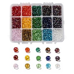 Perles de verre galvanisées 15 couleurs, de couleur plaquée ab , facette, rondelle, couleur mixte, 4x3mm, Trou: 0.4mm, 15 couleurs, 200 pcs / couleur, 3000 pcs / boîte