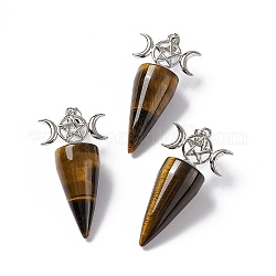 Natural Tiger Eye Pendants, Cone Charms, with Platinum Tone Brass Triple Moon with Star Findings, Cadmium Free & Nickel Free & Lead Free, 47~50x23x14.5~15mm, Hole: 7.5x5mm