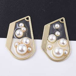 Ciondoli in resina epossidica, con abs imitazione plastica perla e lunetta aperta in ottone placcato oro chiaro, chiaro, 33x21.5x8mm, Foro: 1.5 mm
