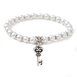 Perles de verre bracelets en perles extensibles, avec l'alliage breloque, clé, diamètre intérieur: 2-1/2 pouce (6.2 cm), pendentif: 21x9 mm