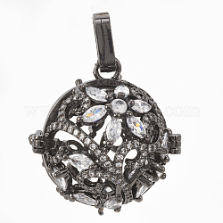 Латунные подвески с ажурной резьбой, для ожерелья, с микро проложить кубического циркония, полый круглый, прозрачные, металлический черный, 26x26x22 мм, отверстие : 2.5x8 мм, внутренней меры: 18.5 мм