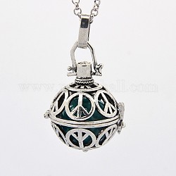 Antique Silver Brass Cage Pendants, Chime Ball Pendants, Peace Sign, with Brass Spray Painted Bell Beads, Teal, 28x25x23mm, Hole: 3x5mm, Bell: 16mm