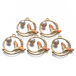 Alloy Enamel Pendants, Light Gold, with ABS Plastic Imitation Pearl, Cadmium Free & Nickel Free & Lead Free, Ring with Whale Tail, Coral, 30.5x29x7.5mm, Hole: 1.8mm
