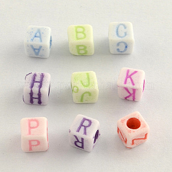 Colorful Craft Style Acrylic Beads, Horizontal Hole, Cube with Letter, Mixed Color, 5x5x5mm, Hole: 2.5mm, about 3700pcs/500g