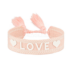 Bracelet cordon tressé motif mot amour en silicone avec pompons en polyester, bracelet plat réglable pour femme, rose brumeuse, diamètre intérieur: 5-7/8~9-1/2 pouce (15~24 cm)
