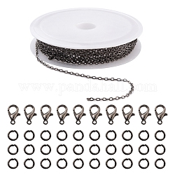 Kit de fabricación de joyas de cadena de cable de latón de 3 m diy, con 30 pieza de anillos de salto abiertos de hierro con 10 piezas de cierres de pinza de langosta de aleación de zinc, gunmetal, eslabón de la cadena: 2x1.8x0.2 mm