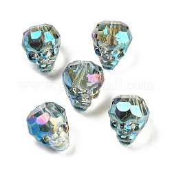 Perlas de murano hechas a mano transparentes electrochapadas, cráneo facetas, cian, 15~15.5x13~13.5x14~14.5mm, agujero: 1.6 mm, 5 unidades / bolsa