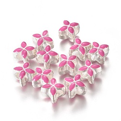 Alloy Enamel European Beads, Large Hole Beads, Flower, Silver Color Plated, Deep Pink, 10x10x8mm, Hole: 5mm