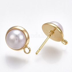 Accessoires de clous d'oreilles en laiton, avec boucle & plastique ABS imitation perle, demi-rond, véritable 18k plaqué or, 12.5x10mm, Trou: 1.8mm, pin: 0.8 mm