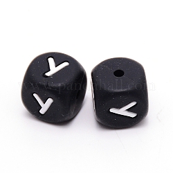Perles de silicone, cube avec letter.y, noir, 12x12x12mm, Trou: 2mm