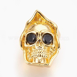 Brass Micro Pave Cubic Zirconia Beads, Lead Free & Cadmium Free & Nickel Free, Long-Lasting Plated, Skull, Black, Real 18K Gold Plated, 14x10x9mm, Hole: 1.8mm