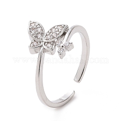 Clear Cubic Zirconia Butterfly with Flower Open Cuff Ring, Brass Jewelry for Women, Platinum, US Size 7(17.3mm)